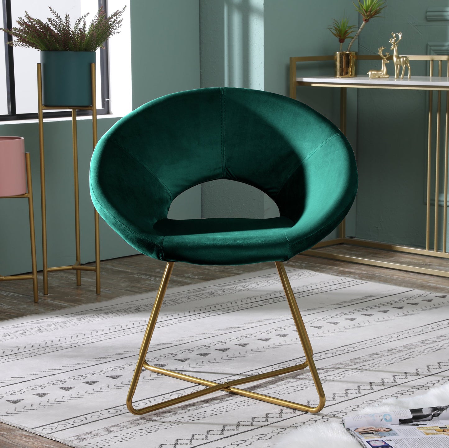 Roundhill Furniture Slatina Silky Velvet Upholstered Accent Chair, Green with Gold Tone Finished Base