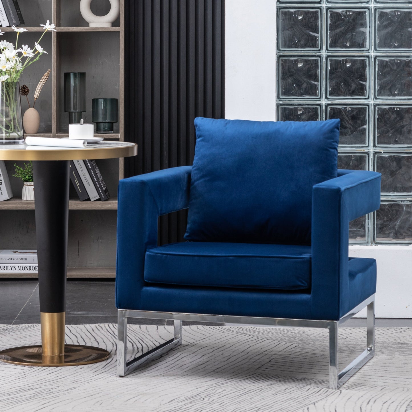 Lenola Contemporary Upholstered Accent Arm Chair, Chrome Base, Blue