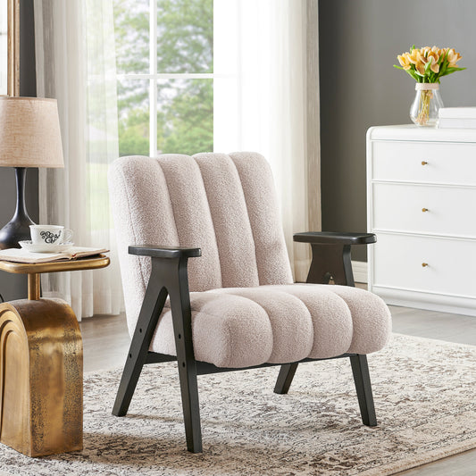 Roundhill Furniture Rella Modern Boucle Accent Chair with Espresso Wood Frame, Beige