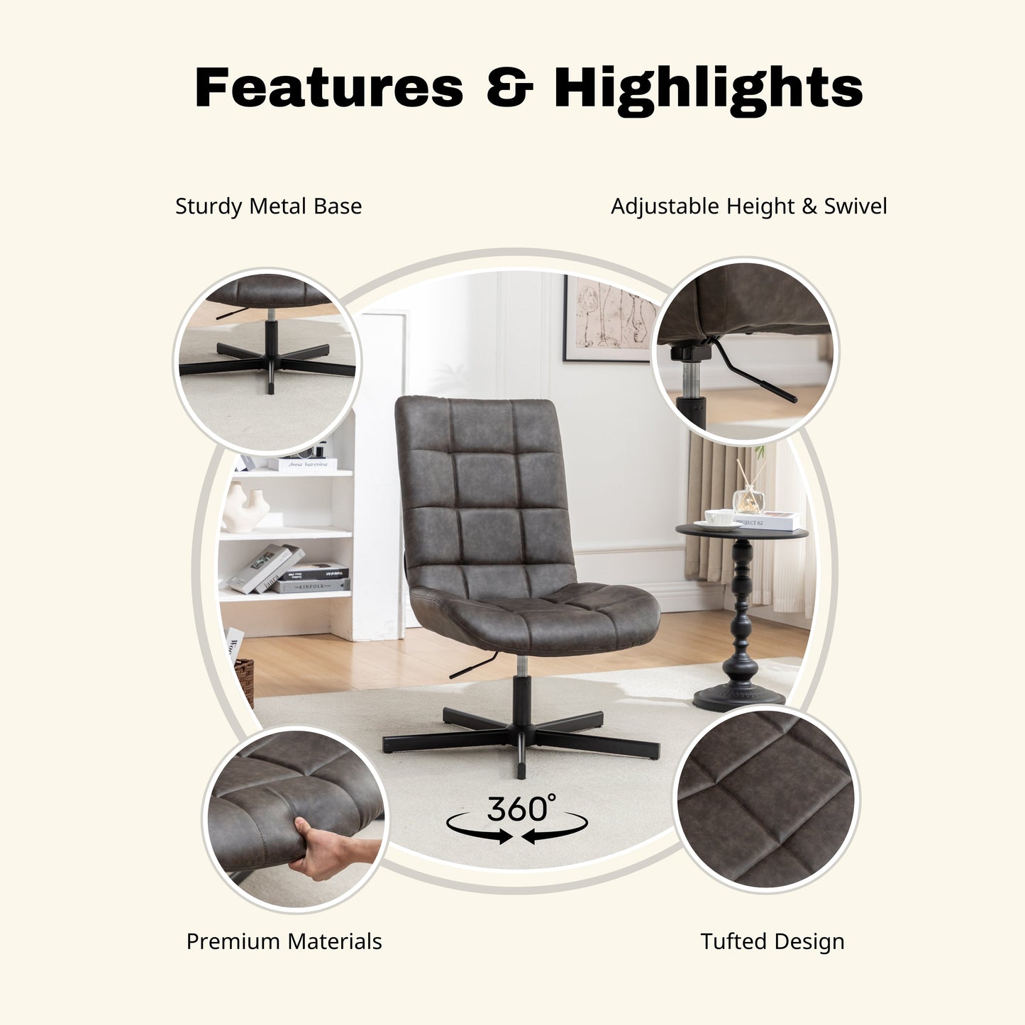 Roundhill Furniture Arlena Faux Leather Tufted Swivel Accent Chair