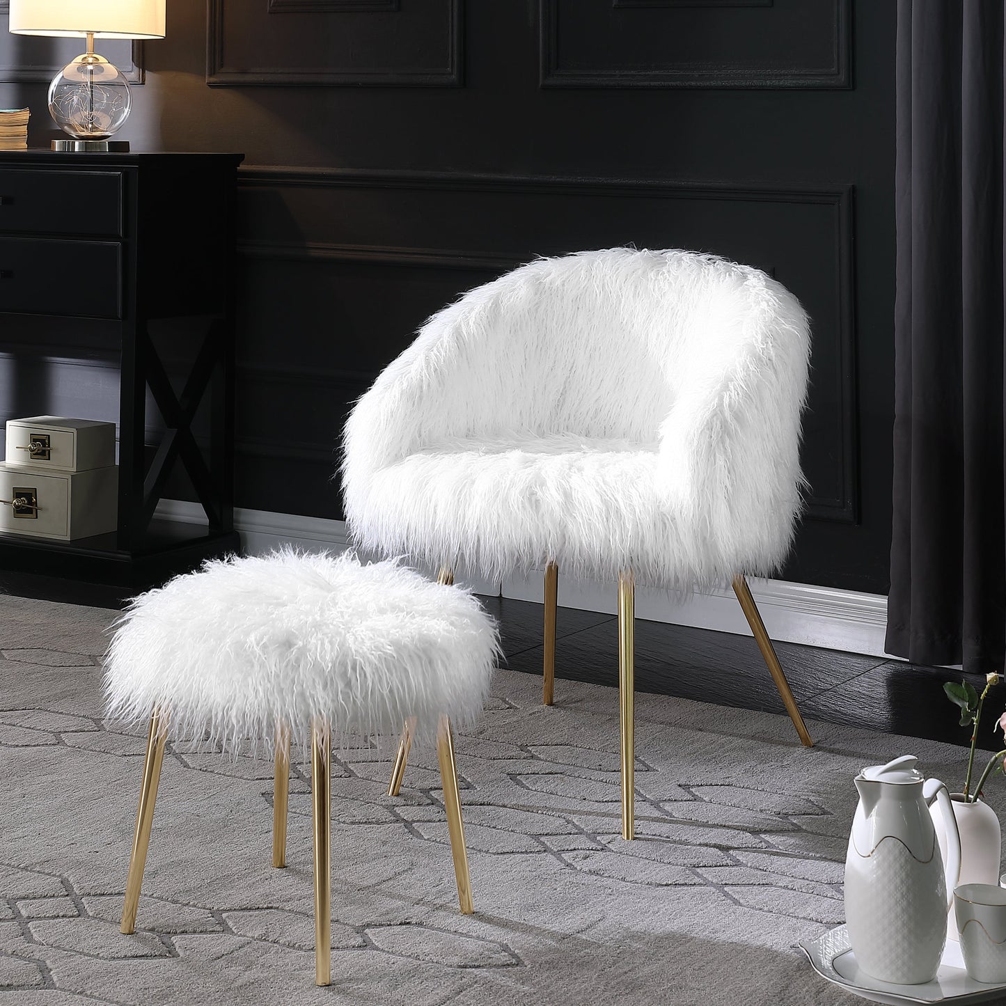 Ravni Faux Fur Accent Armchair with Ottman