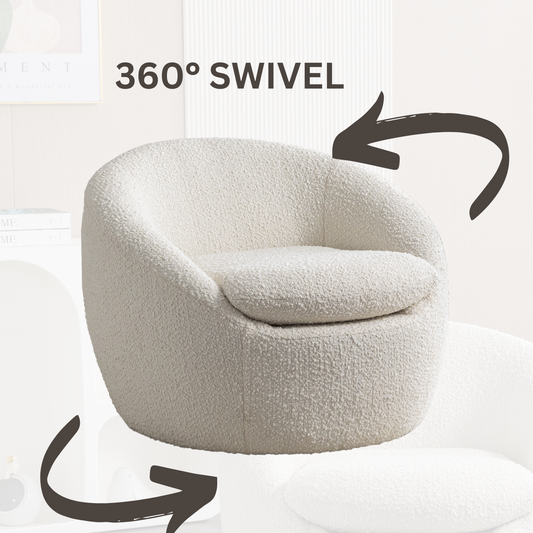 Roundhill Furniture Winnie Modern Teddy Boucle Fabric Barrel Chair, 360° Swivel, White