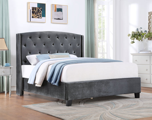 Summit Wingback Tufted Upholstered Bed with Nailhead in Gray