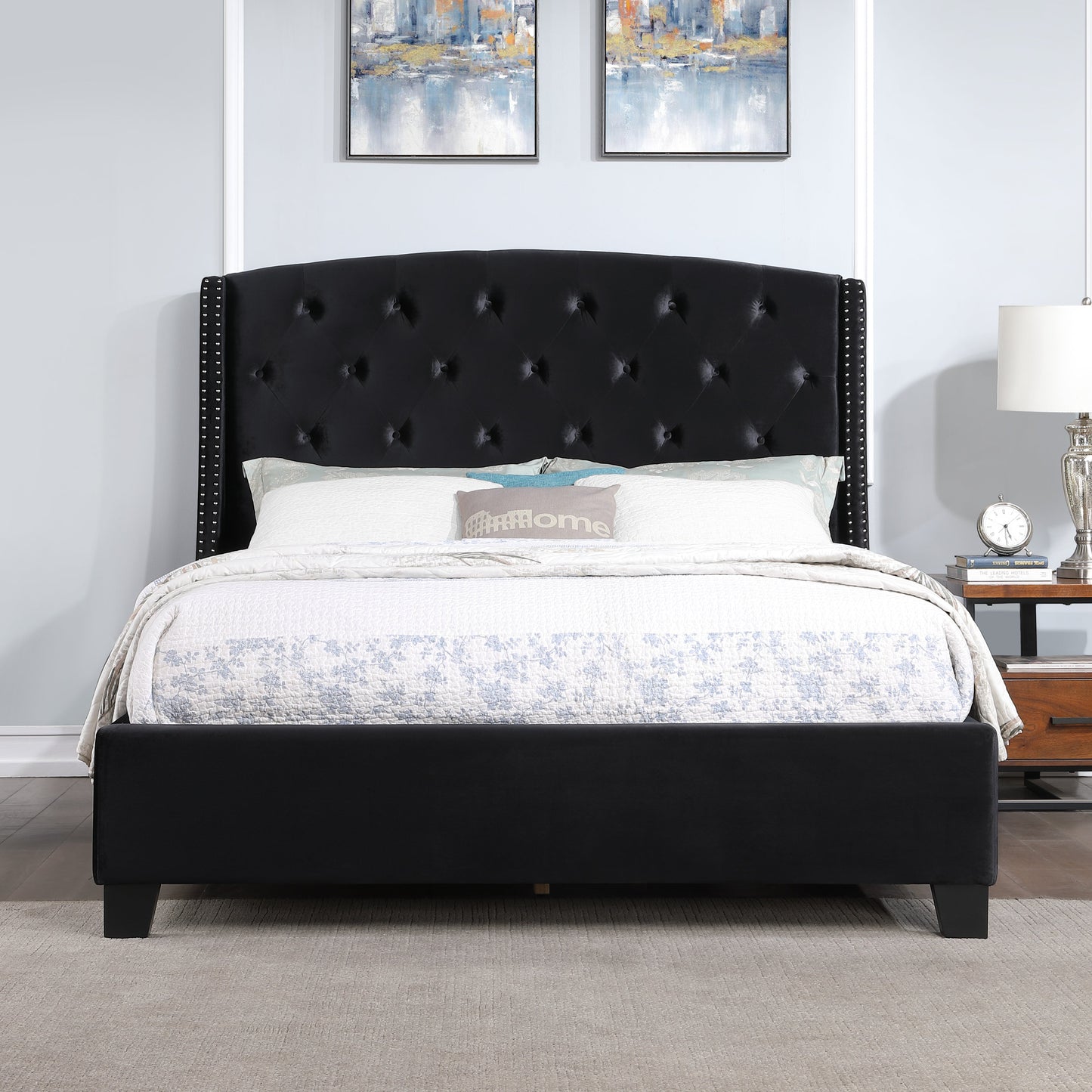 Summit Wingback Tufted Upholstered Bed with Nailhead in Black