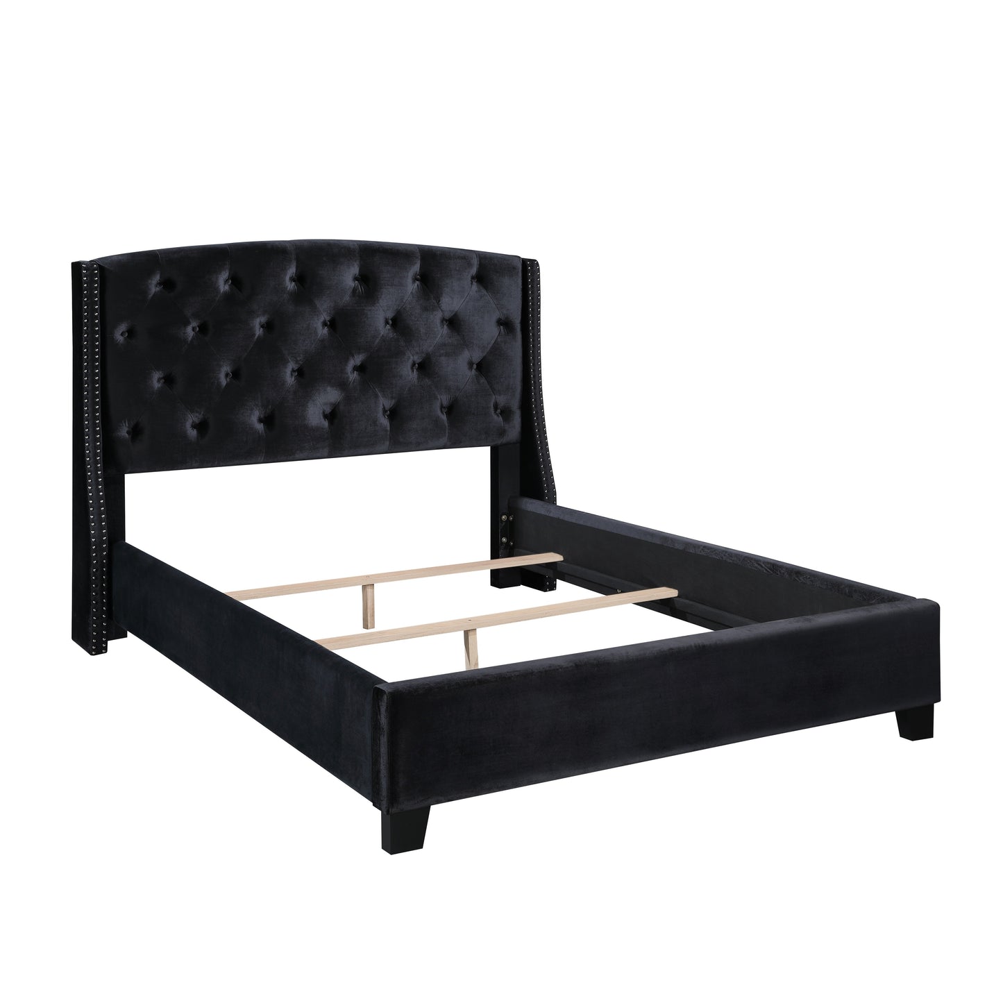 Summit Wingback Tufted Upholstered Bed with Nailhead in Black