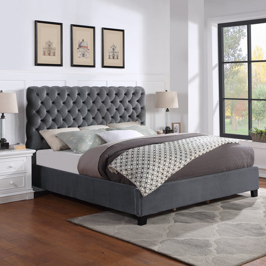 Roundhill Furniture Apoera Velvet Upholstered Button Tufted Bed, Gray