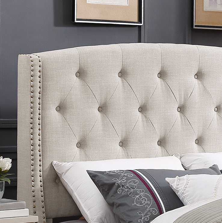 Nantarre Fabric Button Tufted Wingback Upholstered Bed with Nail Head Trim, Tan