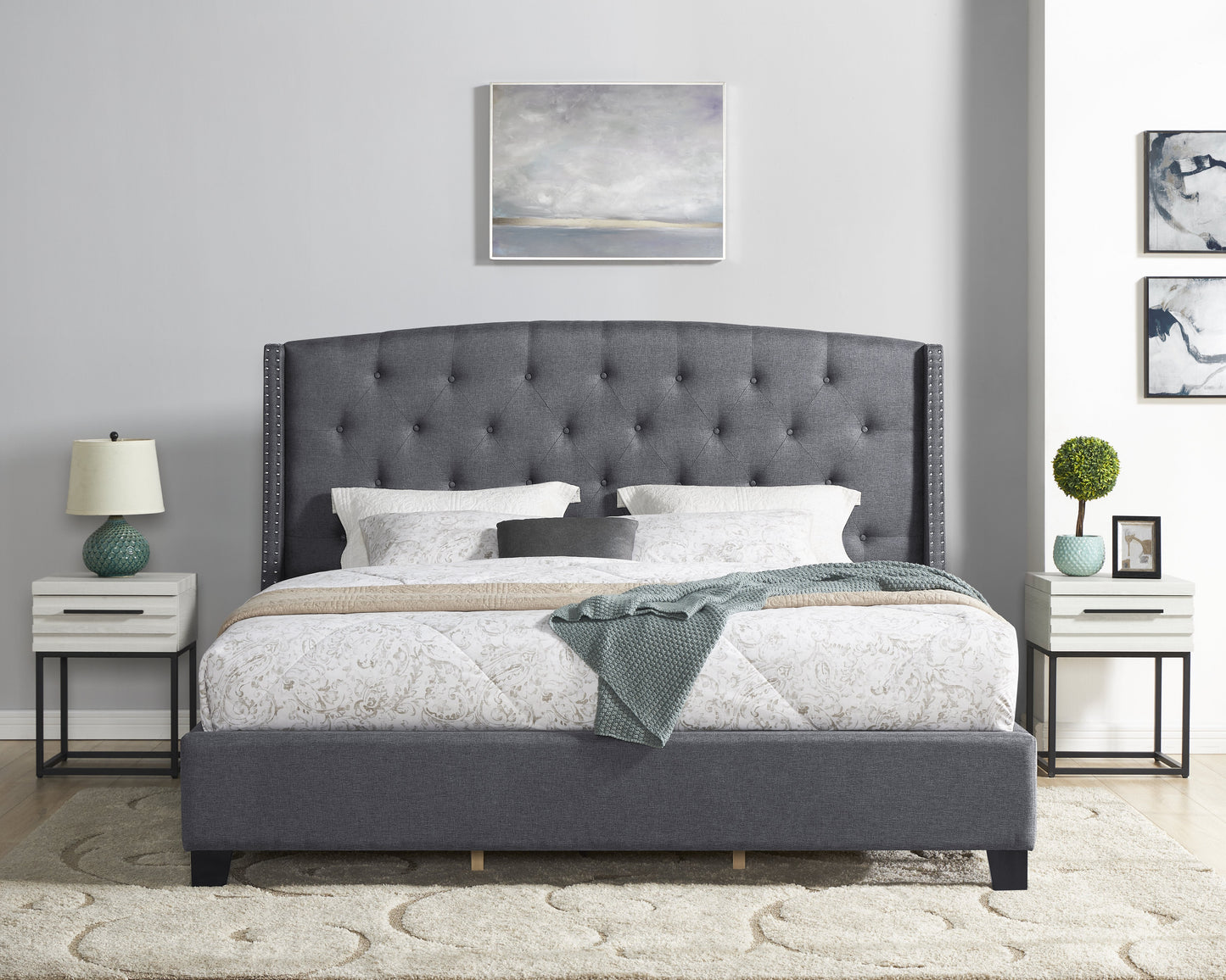 Belize 3-Piece Upholstered Bedroom Set, Tufted Wingback Bed with Two Nightstands