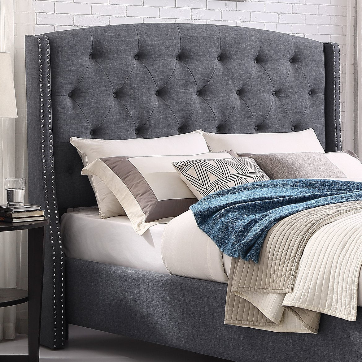Nantarre Fabric Button Tufted Wingback Upholstered Bed with Nail Head Trim, Gray