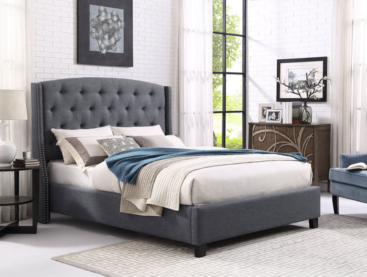 Roundhill Furniture Nantarre Fabric Button Tufted Wingback Upholstered Queen Bed with Nail Head Trim, Gray