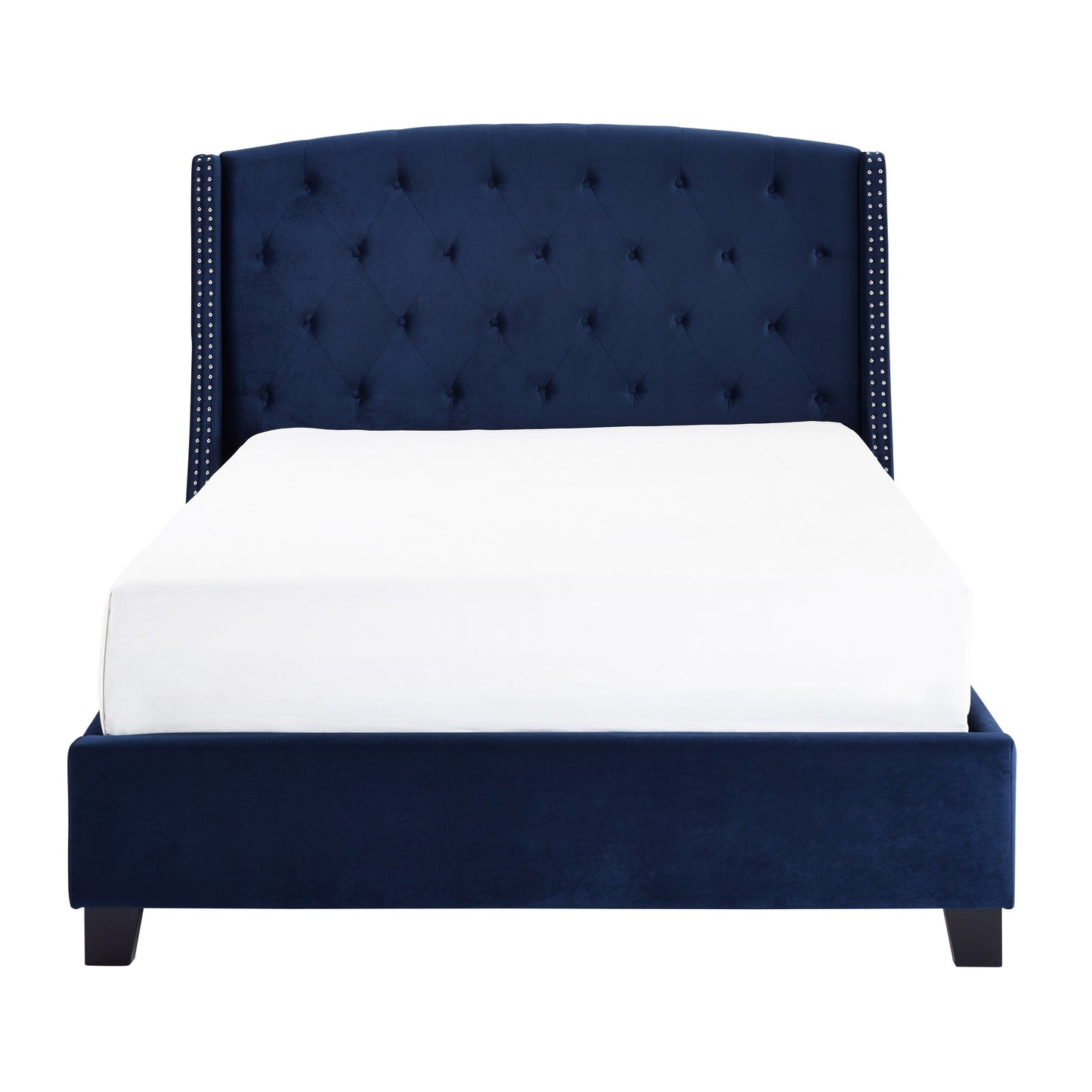 Summit Fabric Button Tufted Wingback Upholstered Bed with Nail Head Trim, Blue