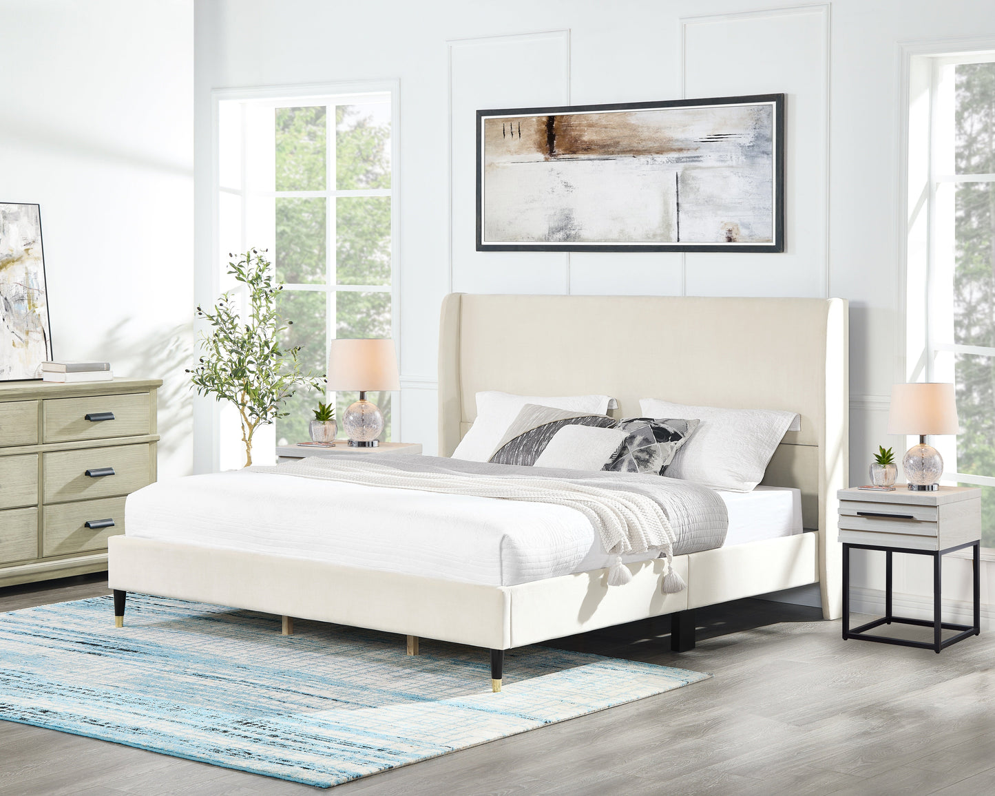 Arles 3-Piece Upholstered Bedroom Set, Wingback Platform Bed with Two Nightstands