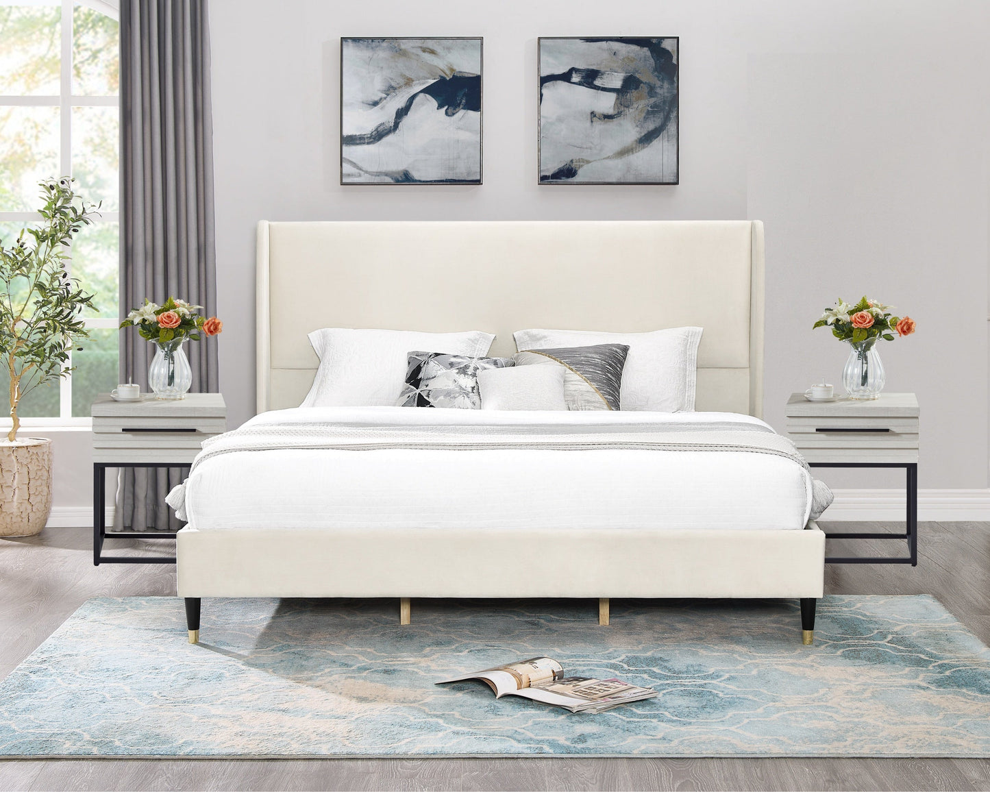 Arles 3-Piece Upholstered Bedroom Set, Wingback Platform Bed with Two Nightstands