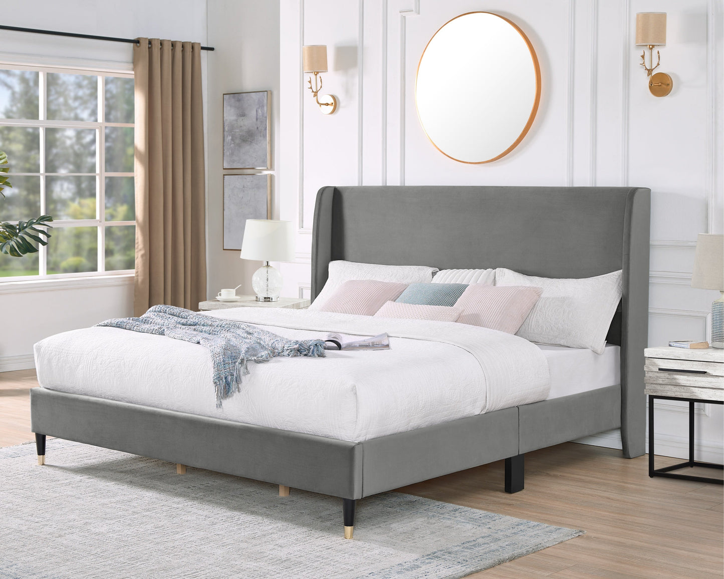 Arles 3-Piece Upholstered Bedroom Set, Wingback Platform Bed with Two Nightstands