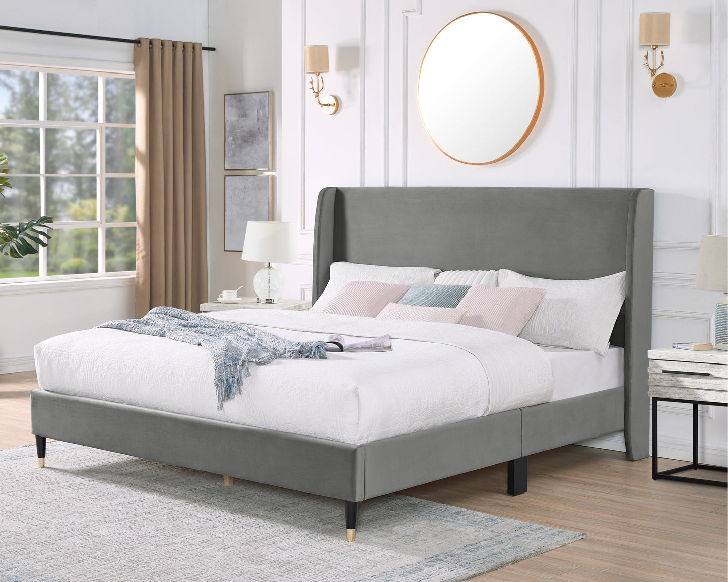 Arles 3-Piece Upholstered Bedroom Set, Wingback Platform Bed with Two Nightstands