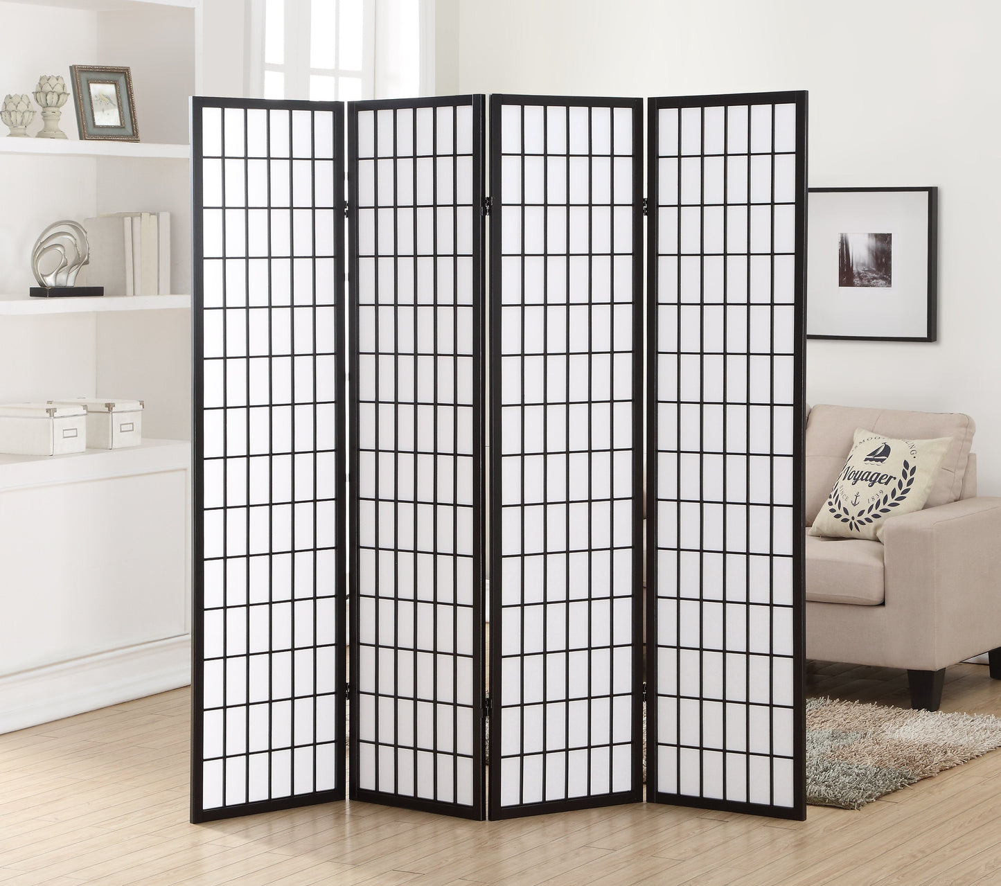 Roundhill Furniture 4 Panel Oriental Shoji Screen / Room Divider, Black