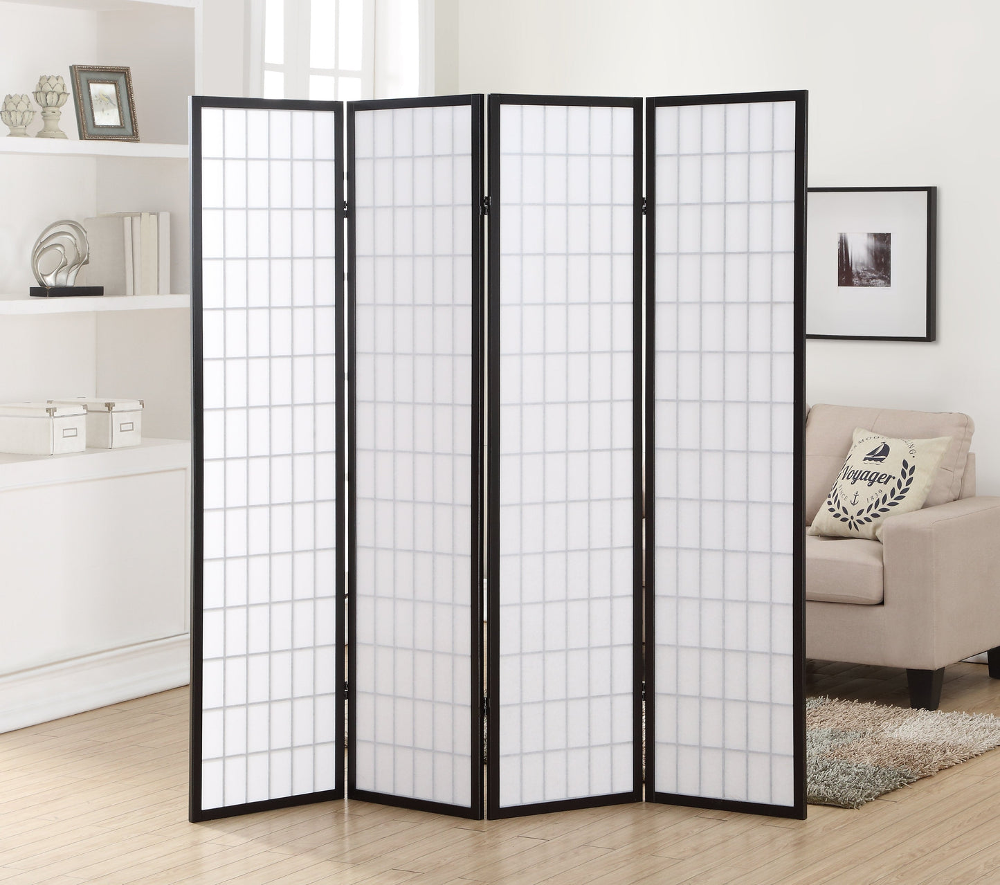 Roundhill Furniture 4 Panel Oriental Shoji Screen / Room Divider, Black