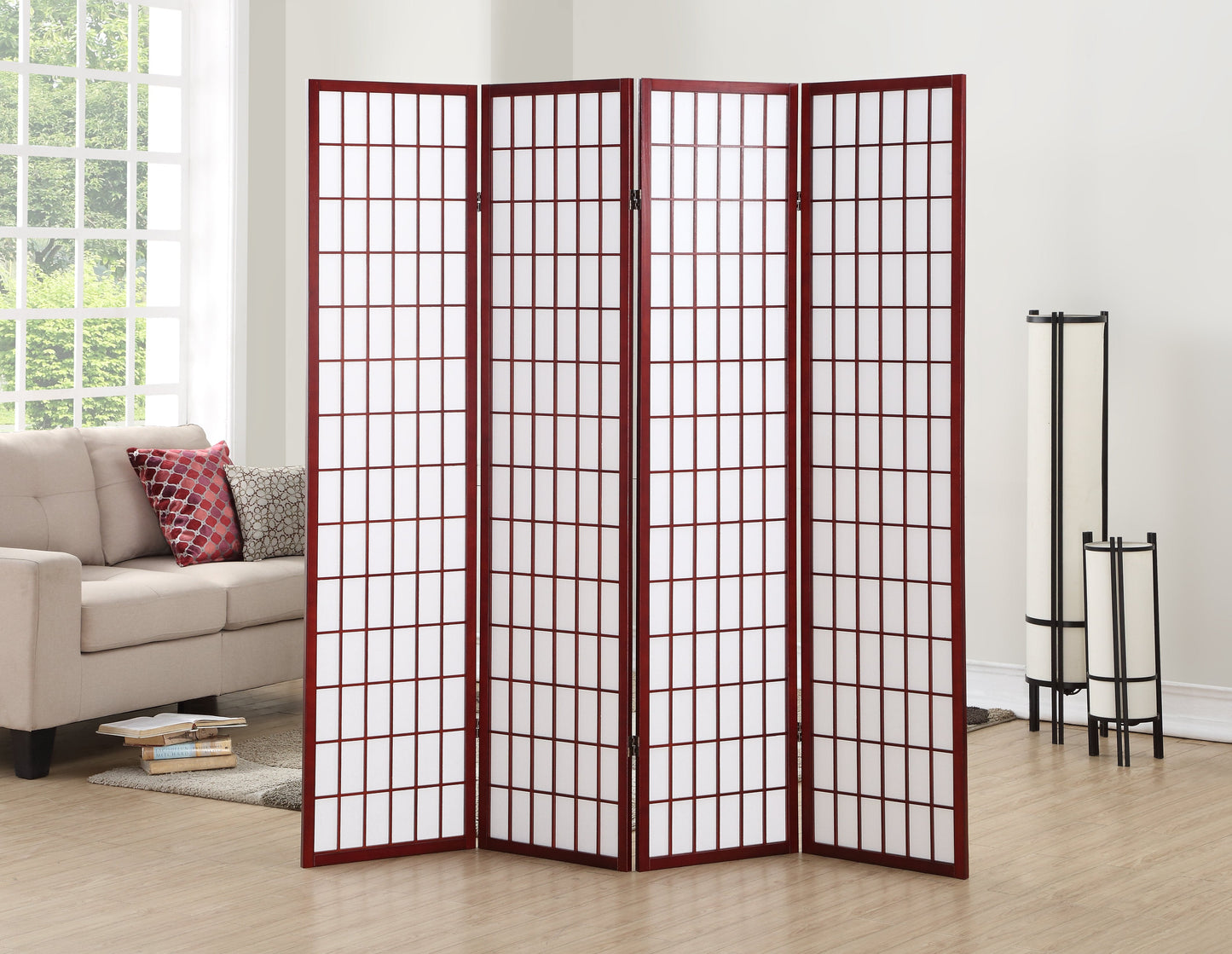 Roundhill Furniture 4 Panel Oriental Shoji Screen / Room Divider, Cherry