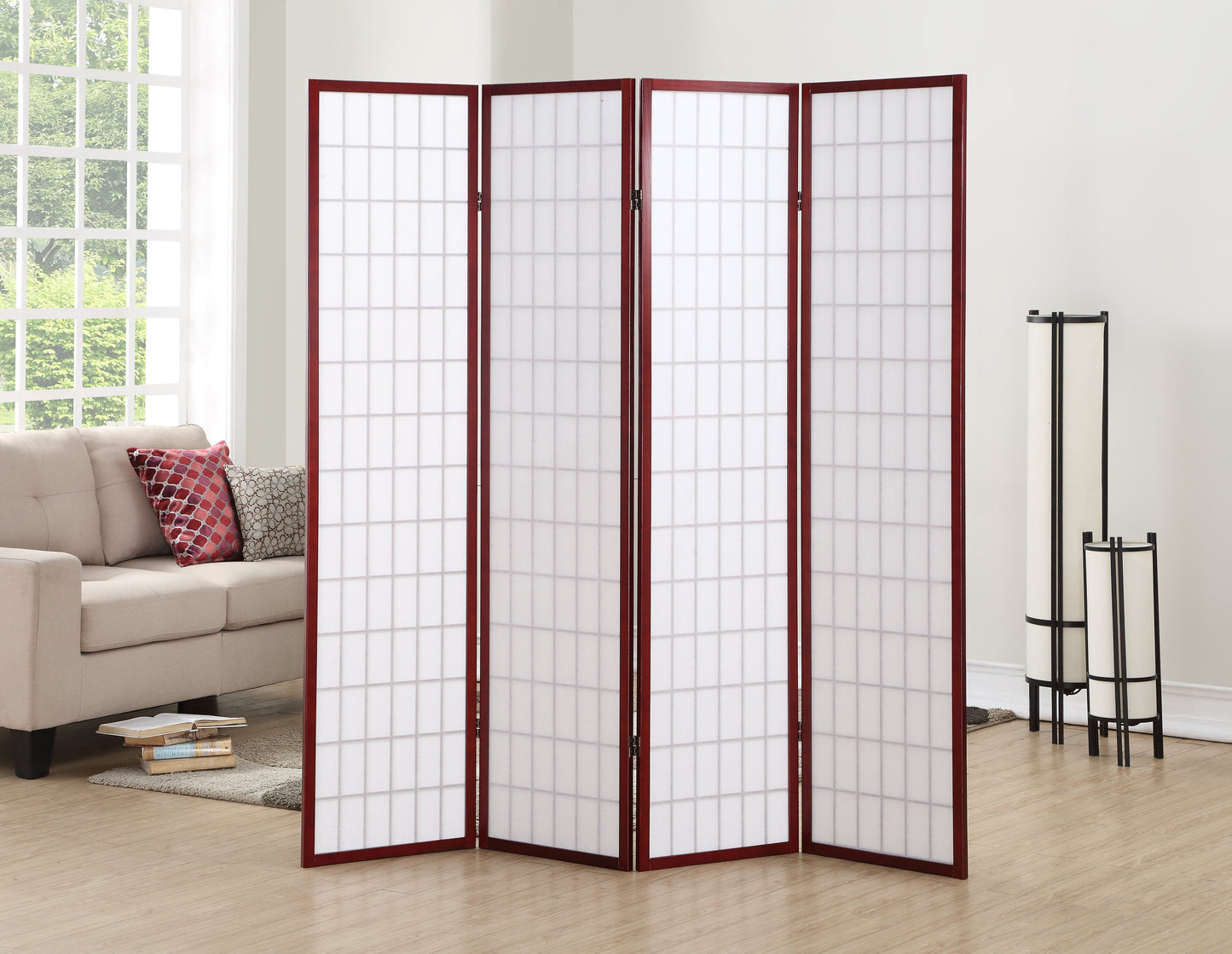 Roundhill Furniture 4 Panel Oriental Shoji Screen / Room Divider, Cherry