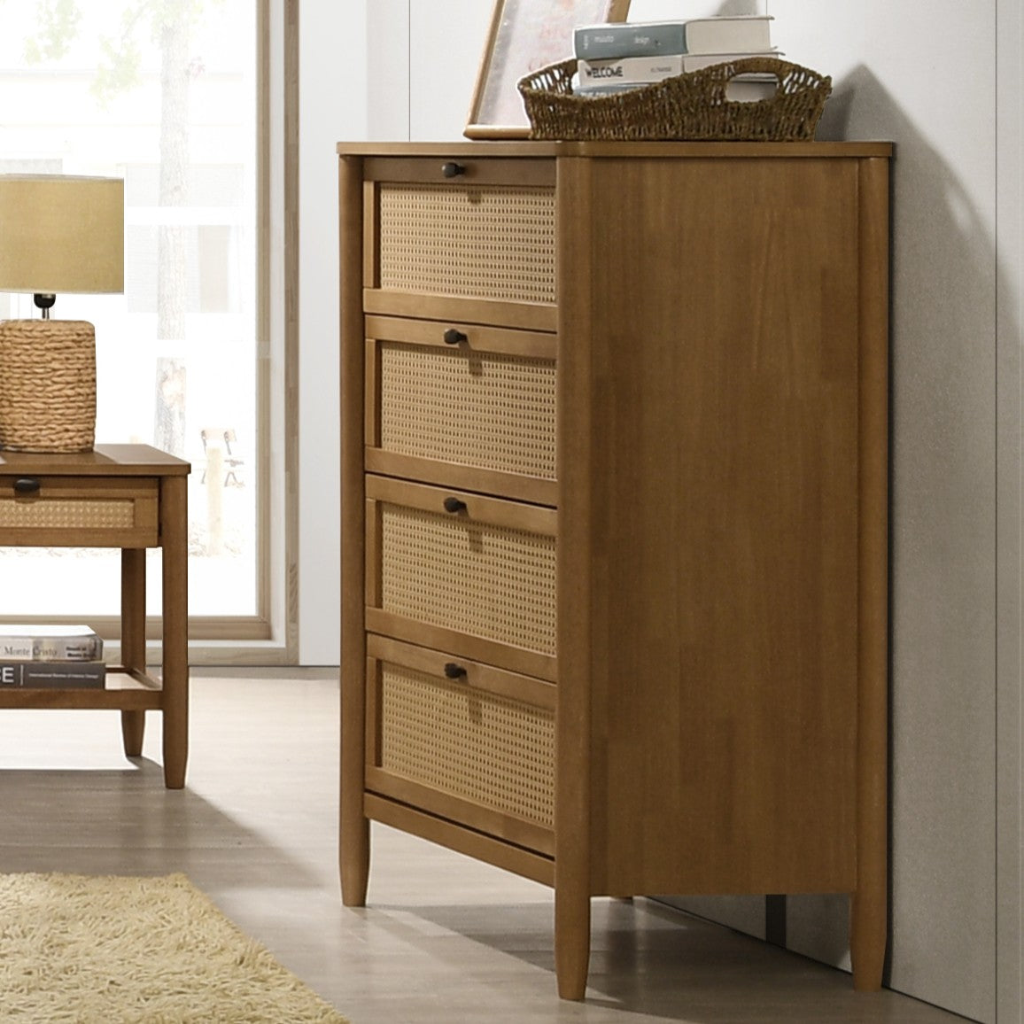 Roundhill Furniture Vichy Wood and Rattan 4-Drawer Chest