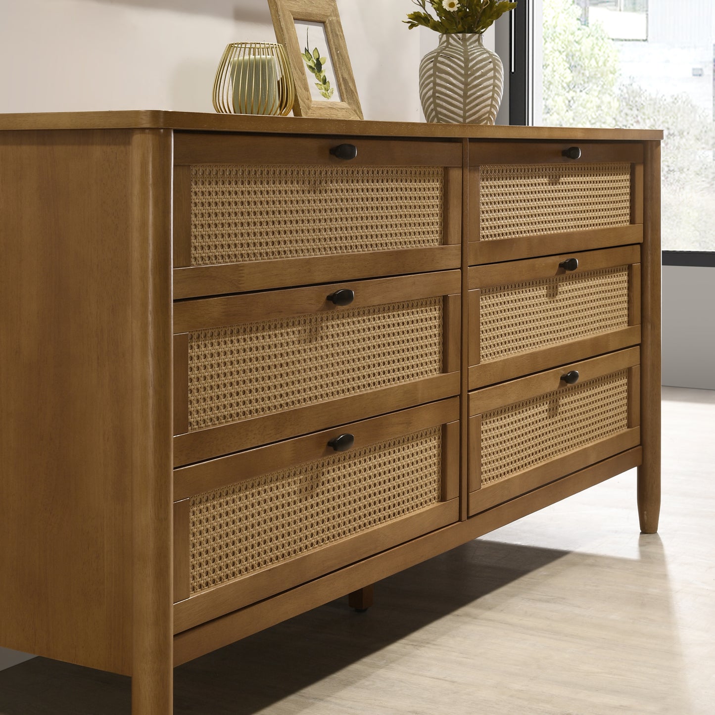 Roundhill Furniture Vichy Wood and Rattan 6-Drawer Dresser with Mirror