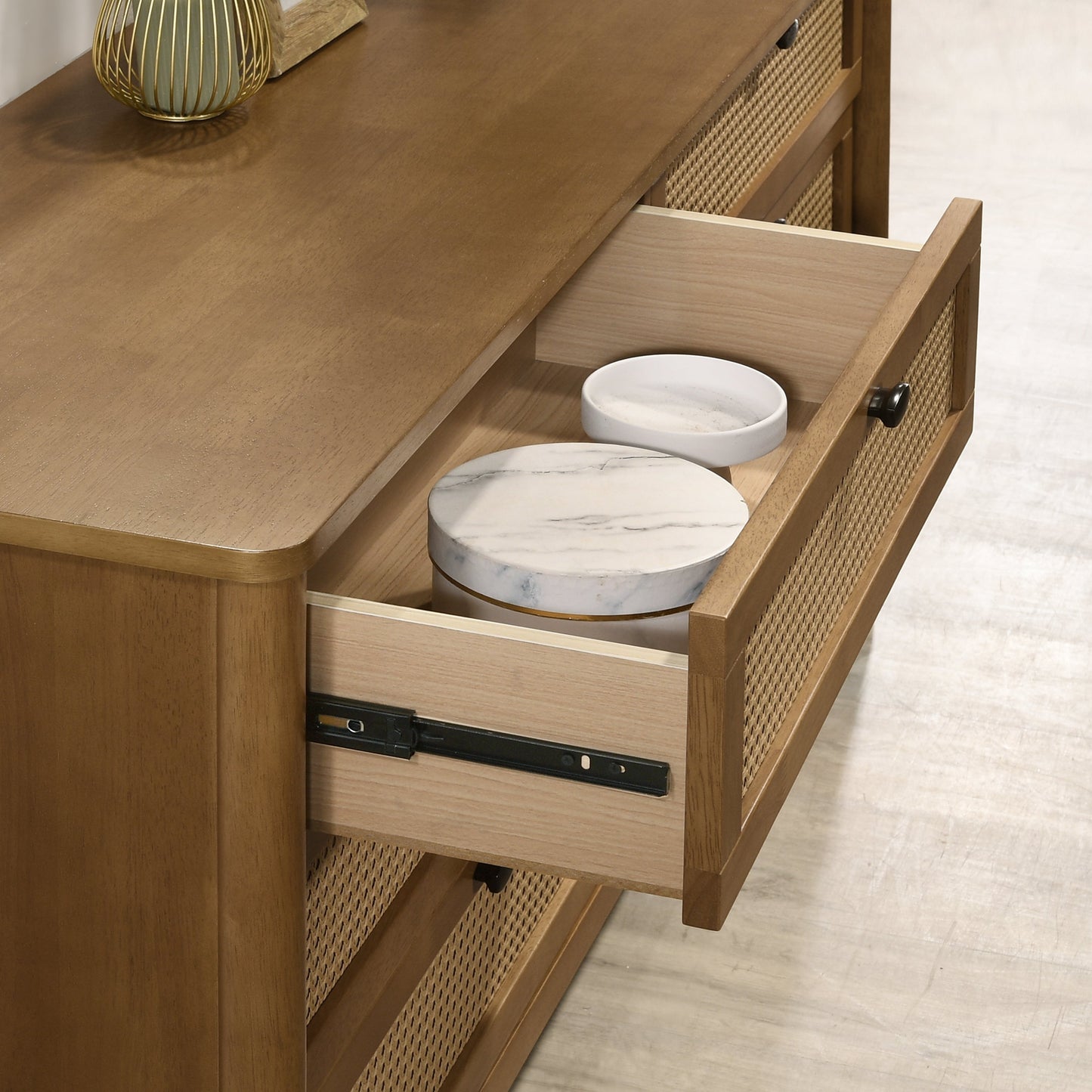 Roundhill Furniture Vichy Wood and Rattan 6-Drawer Dresser with Mirror