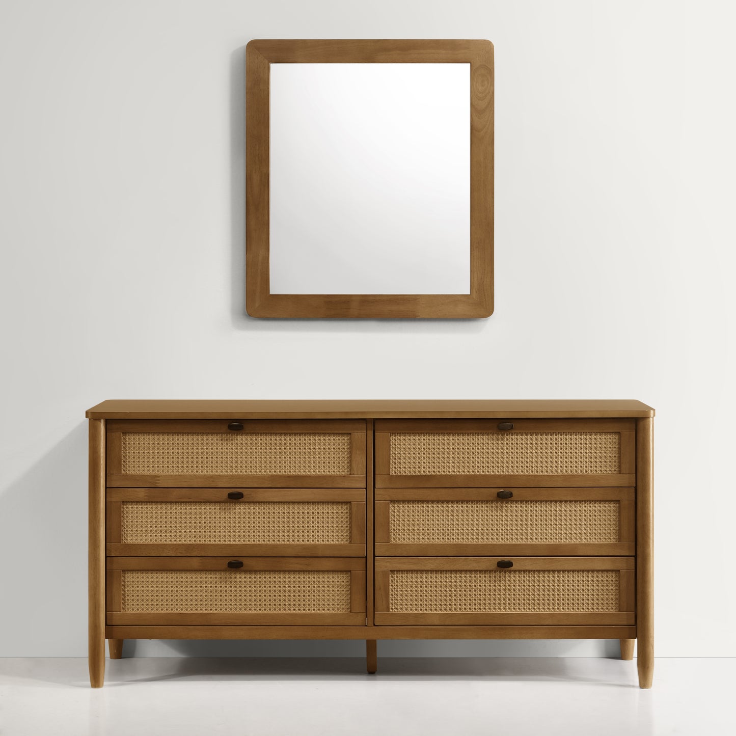 Roundhill Furniture Vichy Wood and Rattan 6-Drawer Dresser with Mirror