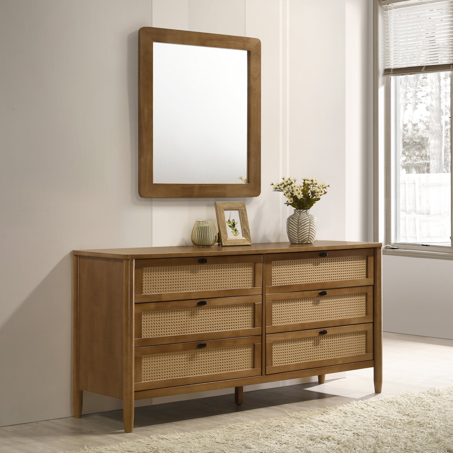 Roundhill Furniture Vichy Wood and Rattan 6-Drawer Dresser with Mirror