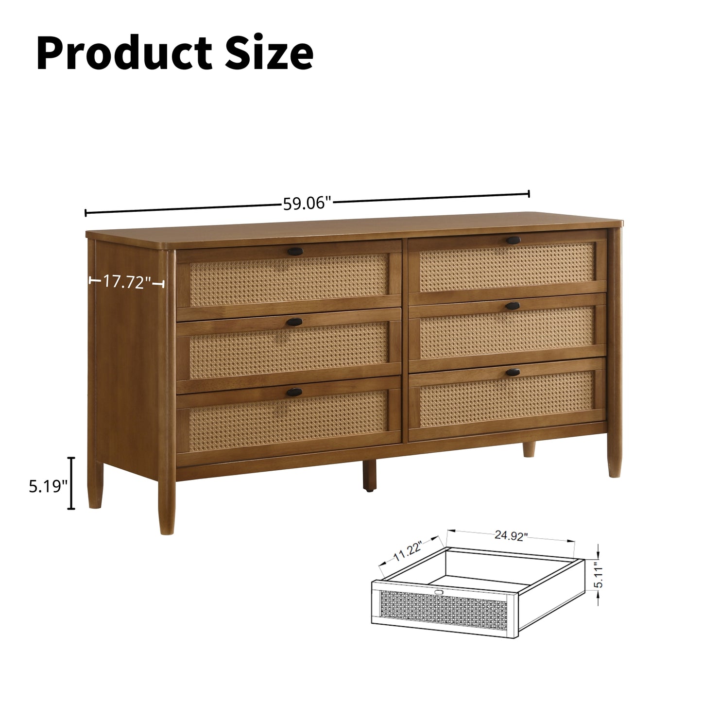 Roundhill Furniture Vichy Wood and Rattan 6-Drawer Dresser