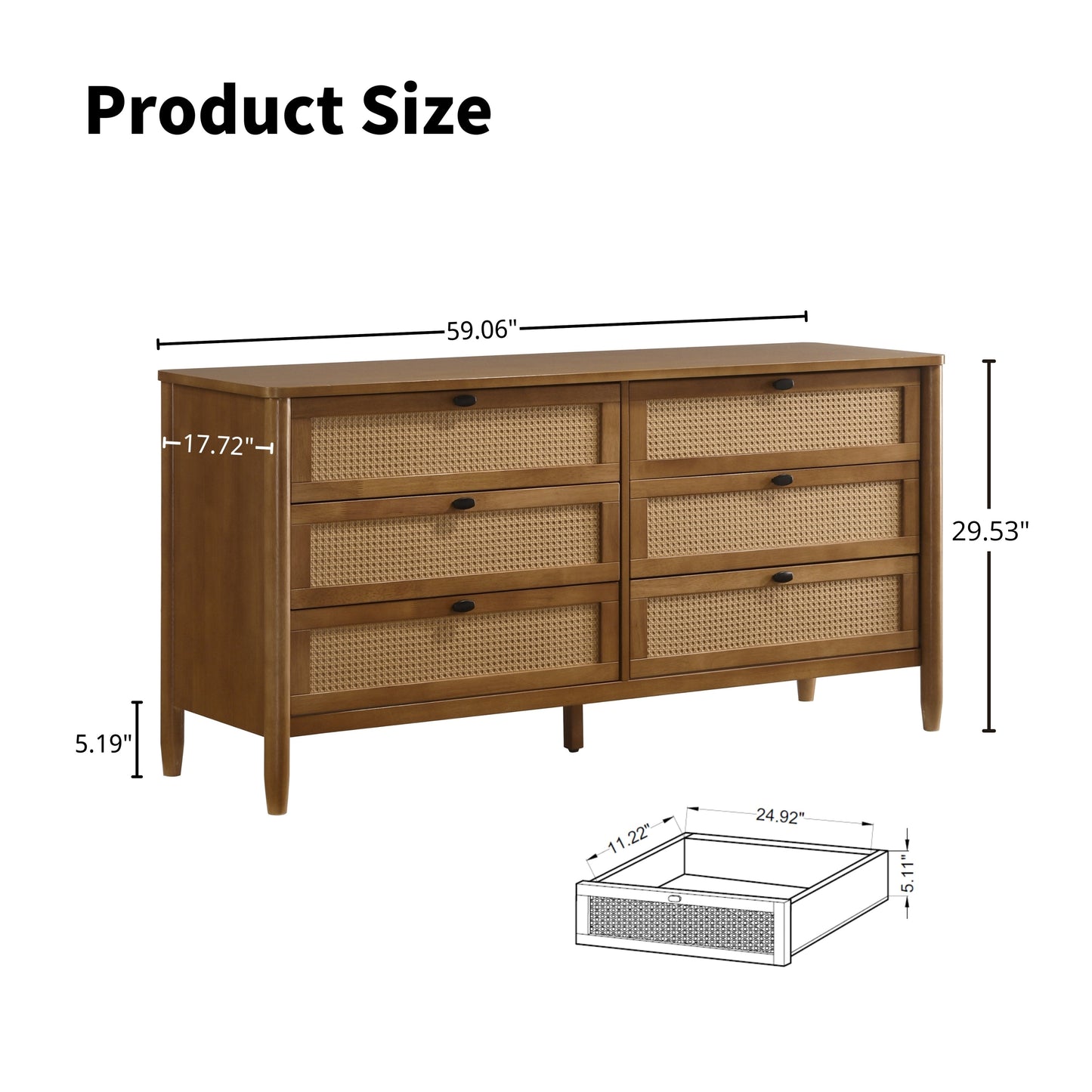 Roundhill Furniture Vichy Wood and Rattan 6-Drawer Dresser