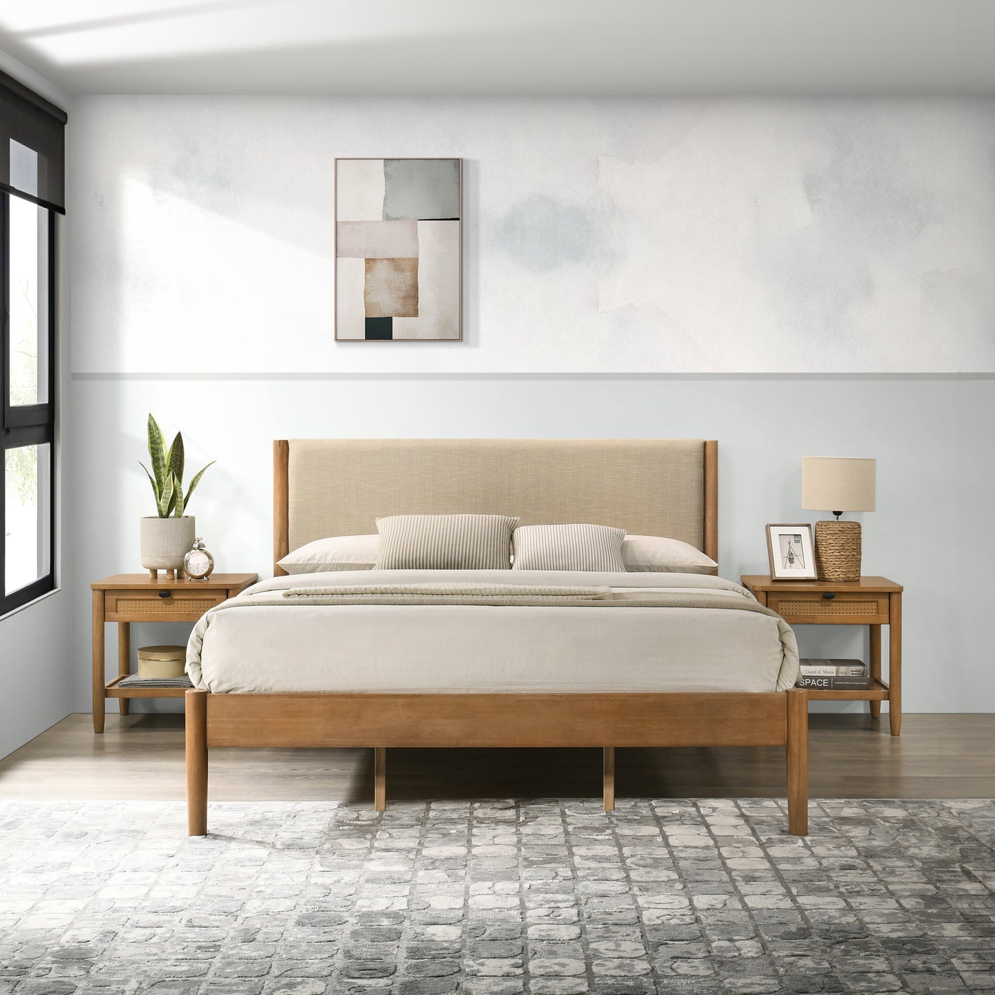 Roundhill Furniture Vichy 3-Piece Rubberwood Bedroom Set, Platform Bed with Two Nightstands,