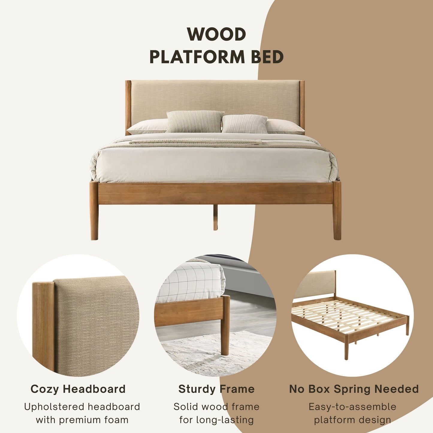 Roundhill Furniture Vichy 2-Piece Rubberwood Bedroom Set, Platform Bed with Nightstand