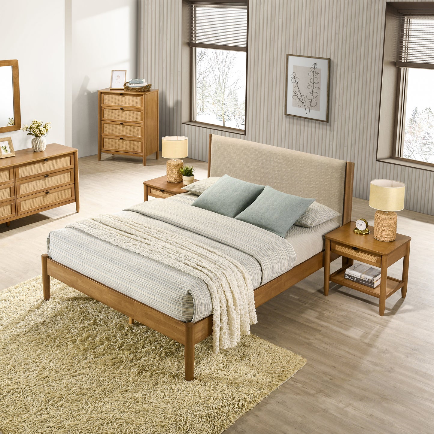 Roundhill Furniture Vichy 6-Piece Rubberwood Bedroom Set with Upholstered Queen Bed, Dresser, Mirror, 2 Nightstands, and Chest