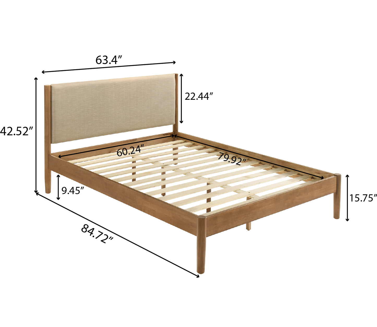 Roundhill Furniture Vichy 6-Piece Rubberwood Bedroom Set with Upholstered Queen Bed, Dresser, Mirror, 2 Nightstands, and Chest