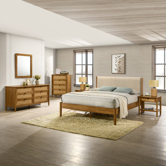 Roundhill Furniture Vichy 6-Piece Rubberwood Bedroom Set with Upholstered Queen Bed, Dresser, Mirror, 2 Nightstands, and Chest