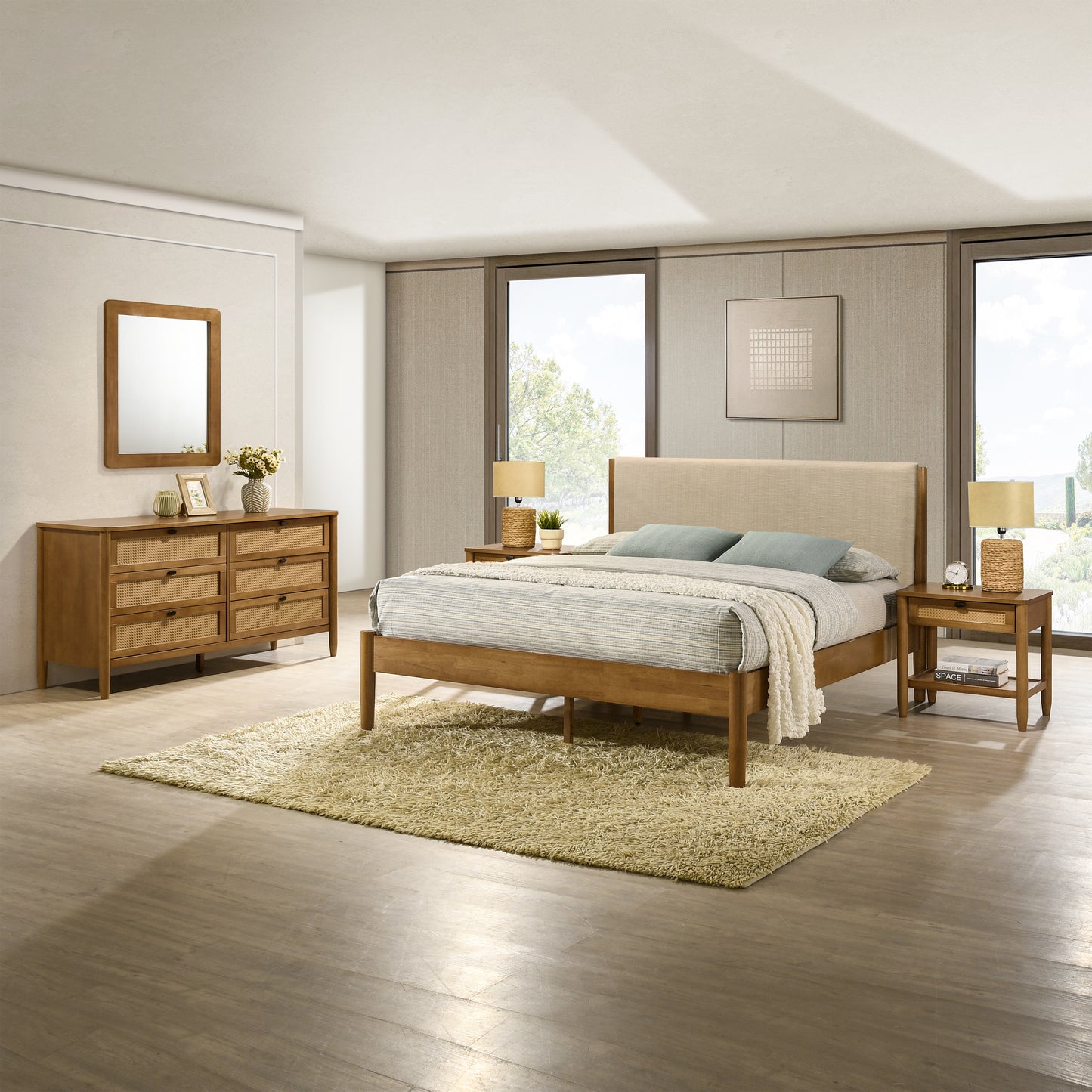 Roundhill Furniture Vichy 5-Piece Rubberwood Bedroom Set with Upholstered Queen Bed, Chest, Dresser, Mirror, and 2 Nightstands