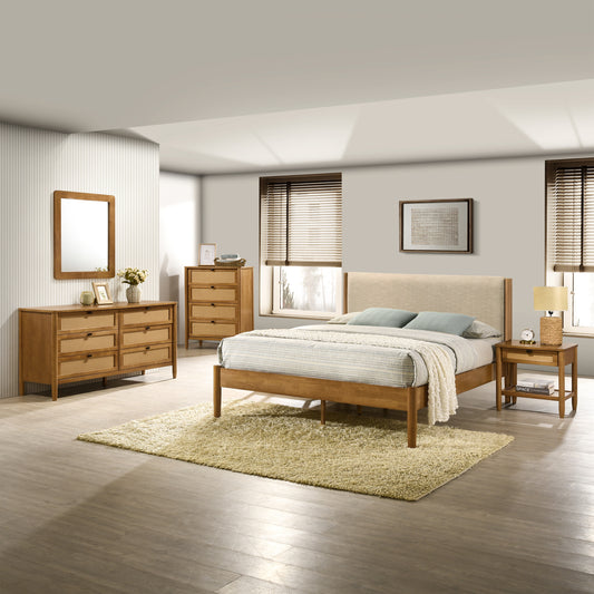 Roundhill Furniture Vichy 5-Piece Rubberwood Bedroom Set with Upholstered Queen Bed, Dresser, Mirror, Nightstand, and Chest