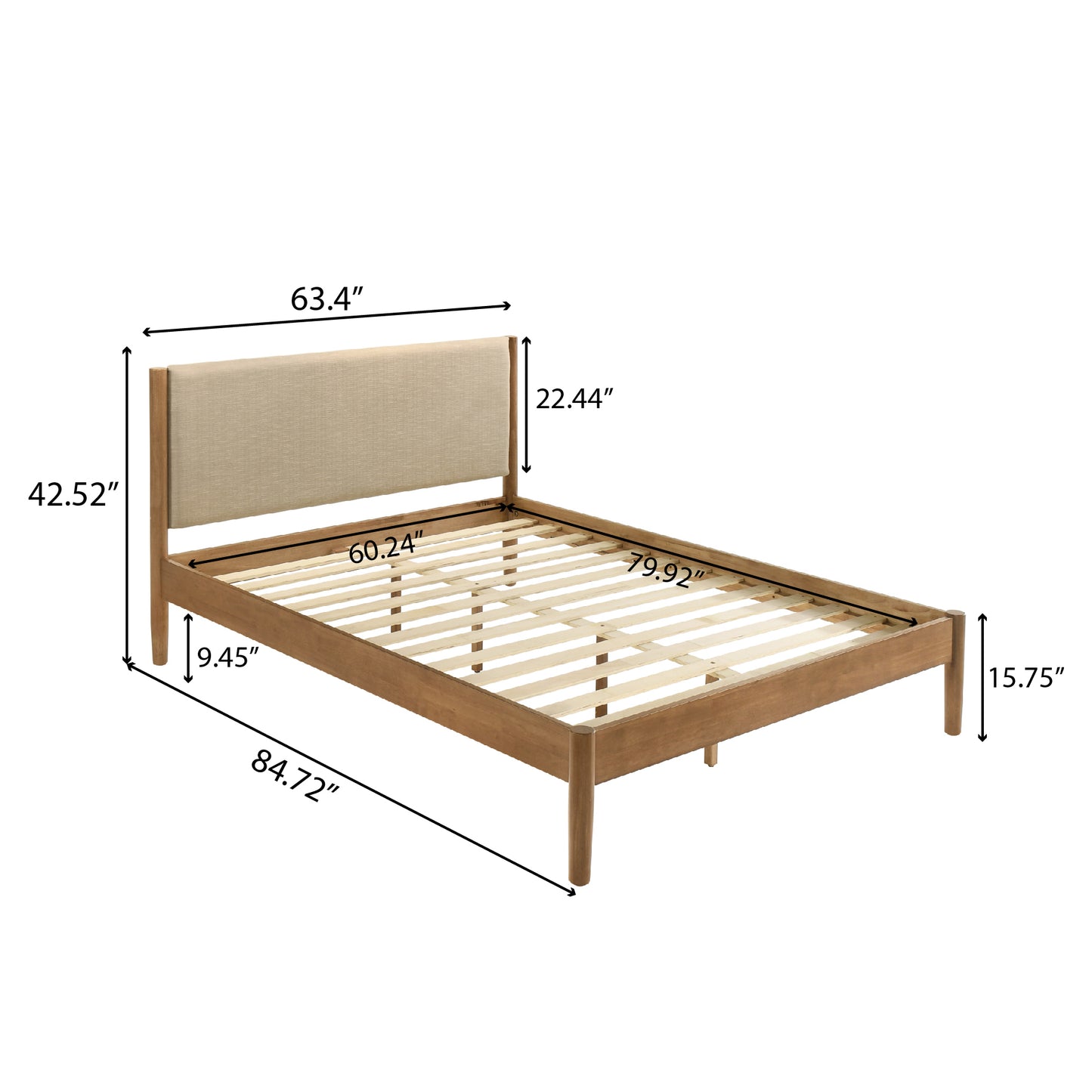 Roundhill Furniture Vichy 5-Piece Rubberwood Bedroom Set with Upholstered Queen Bed, Dresser, Mirror, Nightstand, and Chest