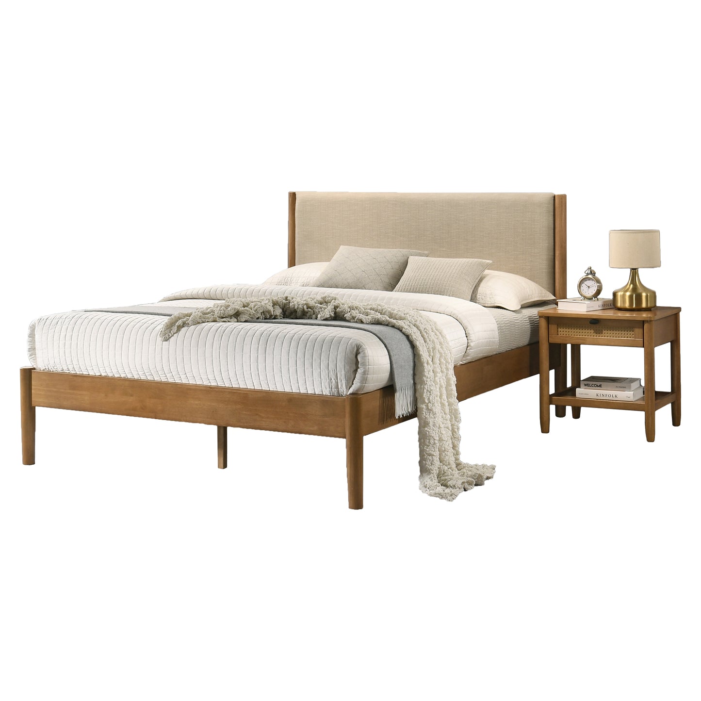 Roundhill Furniture Vichy 2-Piece Rubberwood Bedroom Set, Platform Bed with Nightstand, Queen