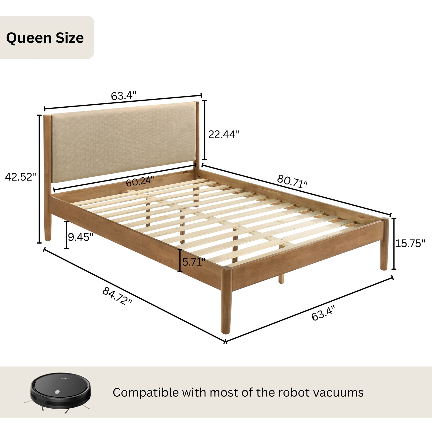 Roundhill Furniture Vichy 3-Piece Rubberwood Bedroom Set, Platform Bed with Two Nightstands,