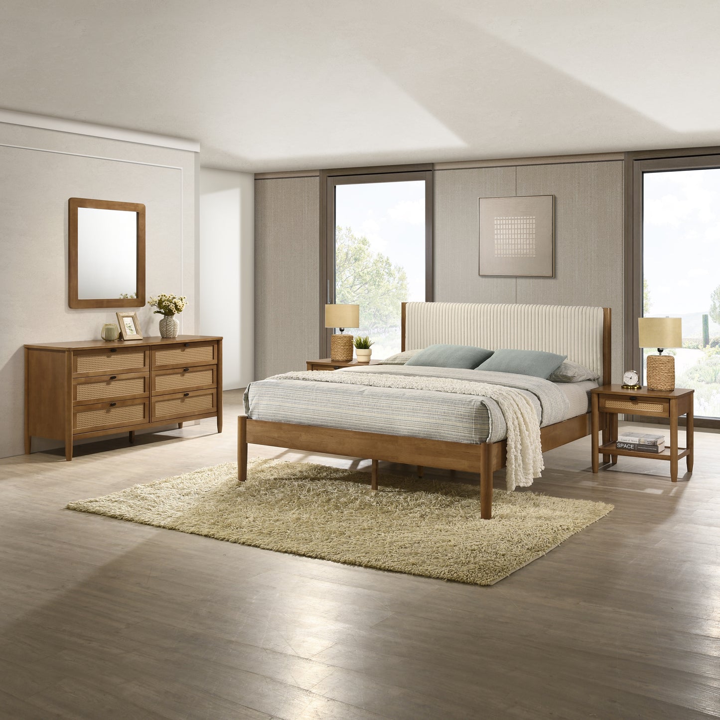 Roundhill Furniture Vichy 5-Piece Rubberwood Bedroom Set with Upholstered Queen Bed, Chest, Dresser, Mirror, and 2 Nightstands