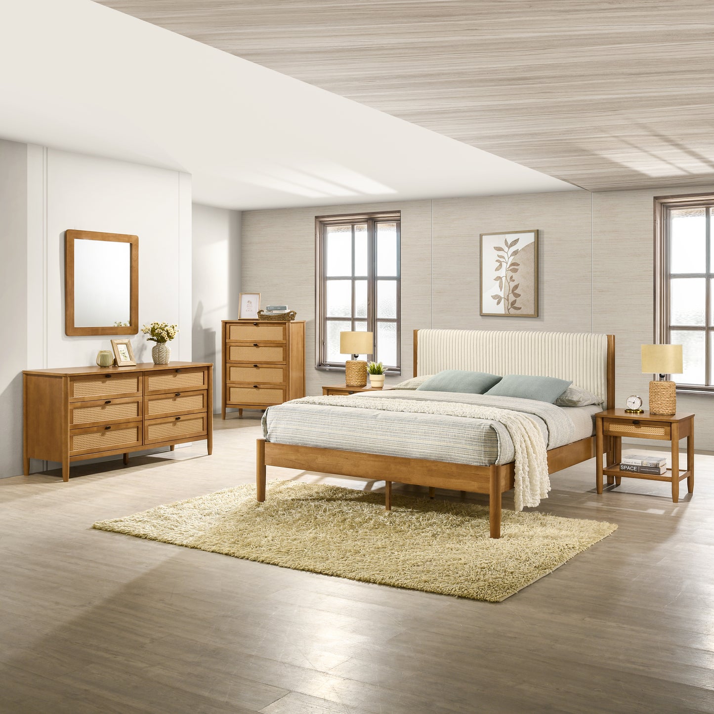 Roundhill Furniture Vichy 6-Piece Rubberwood Bedroom Set with Upholstered Queen Bed, Dresser, Mirror, 2 Nightstands, and Chest