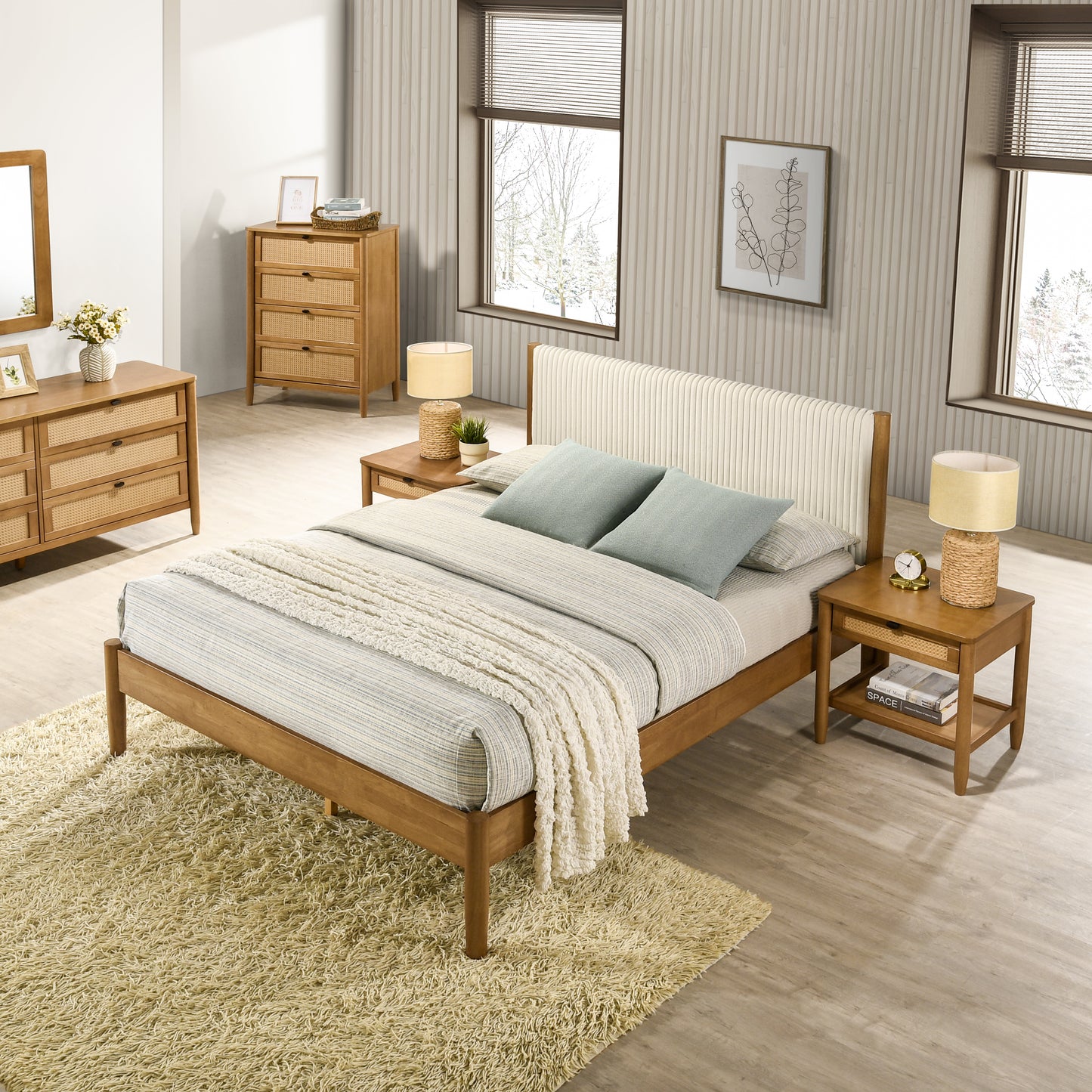 Roundhill Furniture Vichy 6-Piece Rubberwood Bedroom Set with Upholstered Queen Bed, Dresser, Mirror, 2 Nightstands, and Chest