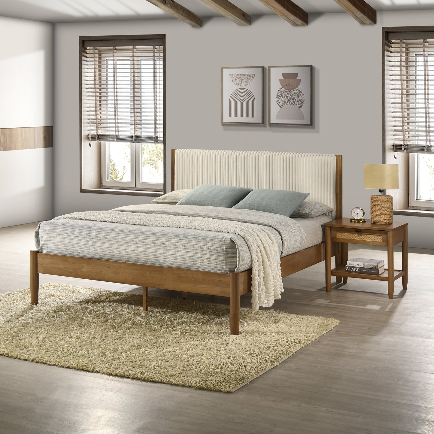 Roundhill Furniture Vichy 4-Piece Rubberwood Bedroom Set with Upholstered Queen Bed, Dresser, Mirror, and Nightstand