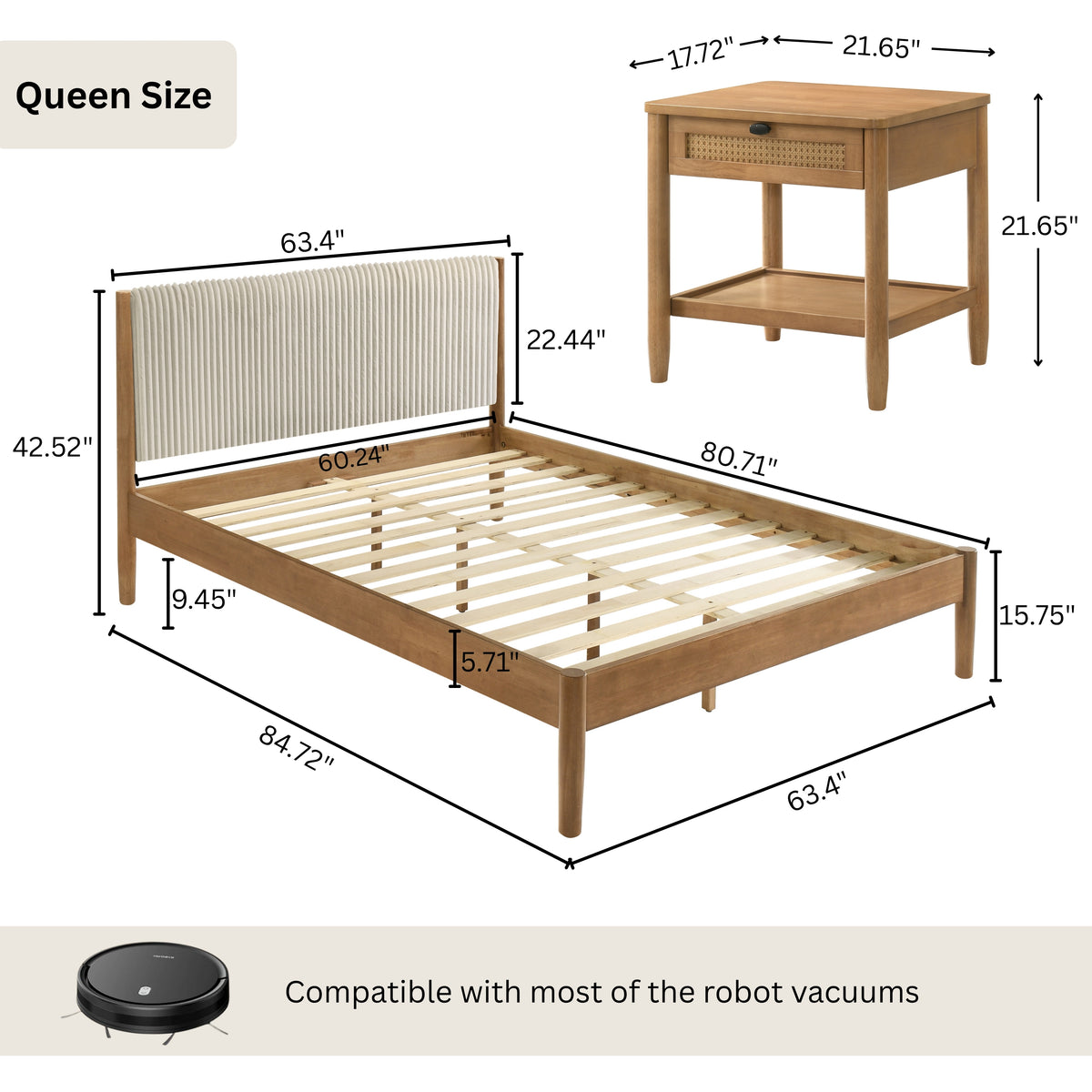 Roundhill Furniture Vichy 2-Piece Rubberwood Bedroom Set, Platform Bed with Nightstand