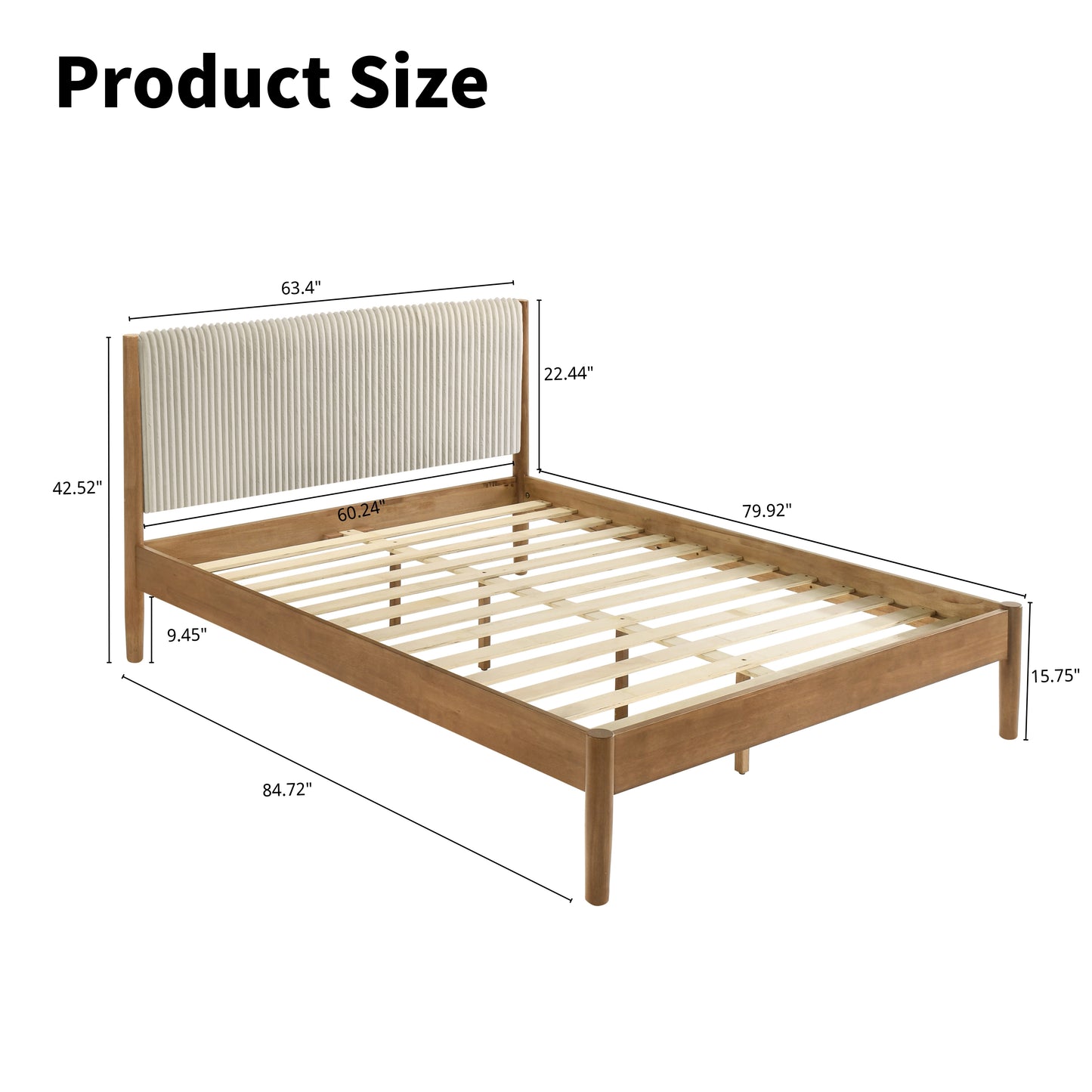 Roundhill Furniture Vichy Rubberwood Platform Bed in Light Walnut, Queen