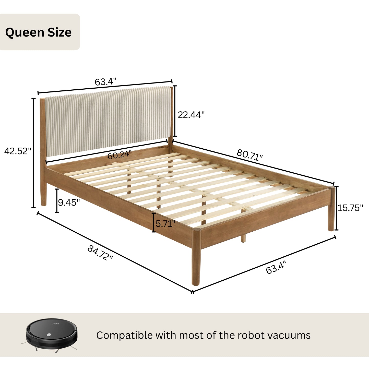 Roundhill Furniture Vichy 3-Piece Rubberwood Bedroom Set, Platform Bed with Two Nightstands,