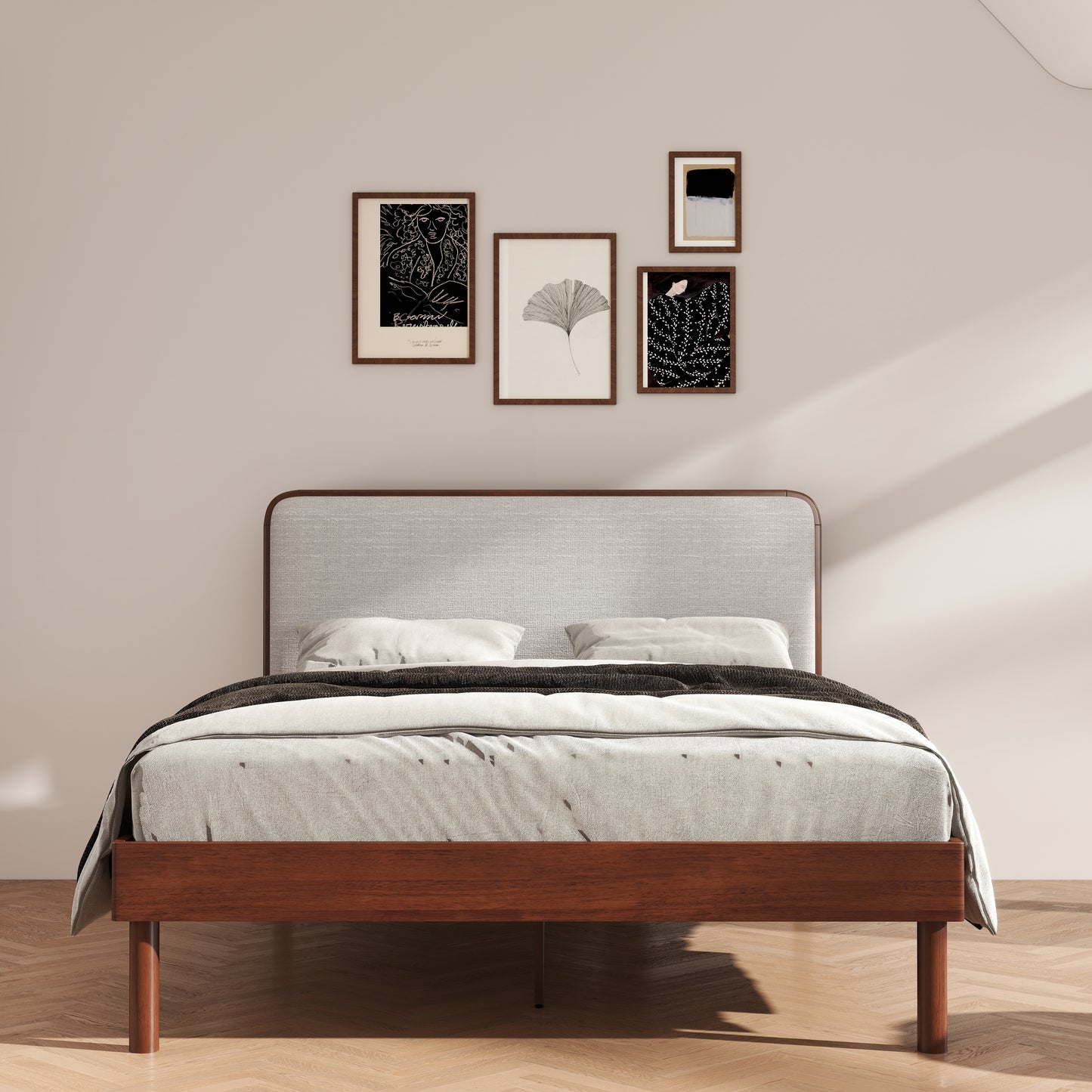 Roundhill Furniture Wyller Rubberwood Platform Bed, Natural Walnut Finish, Queen