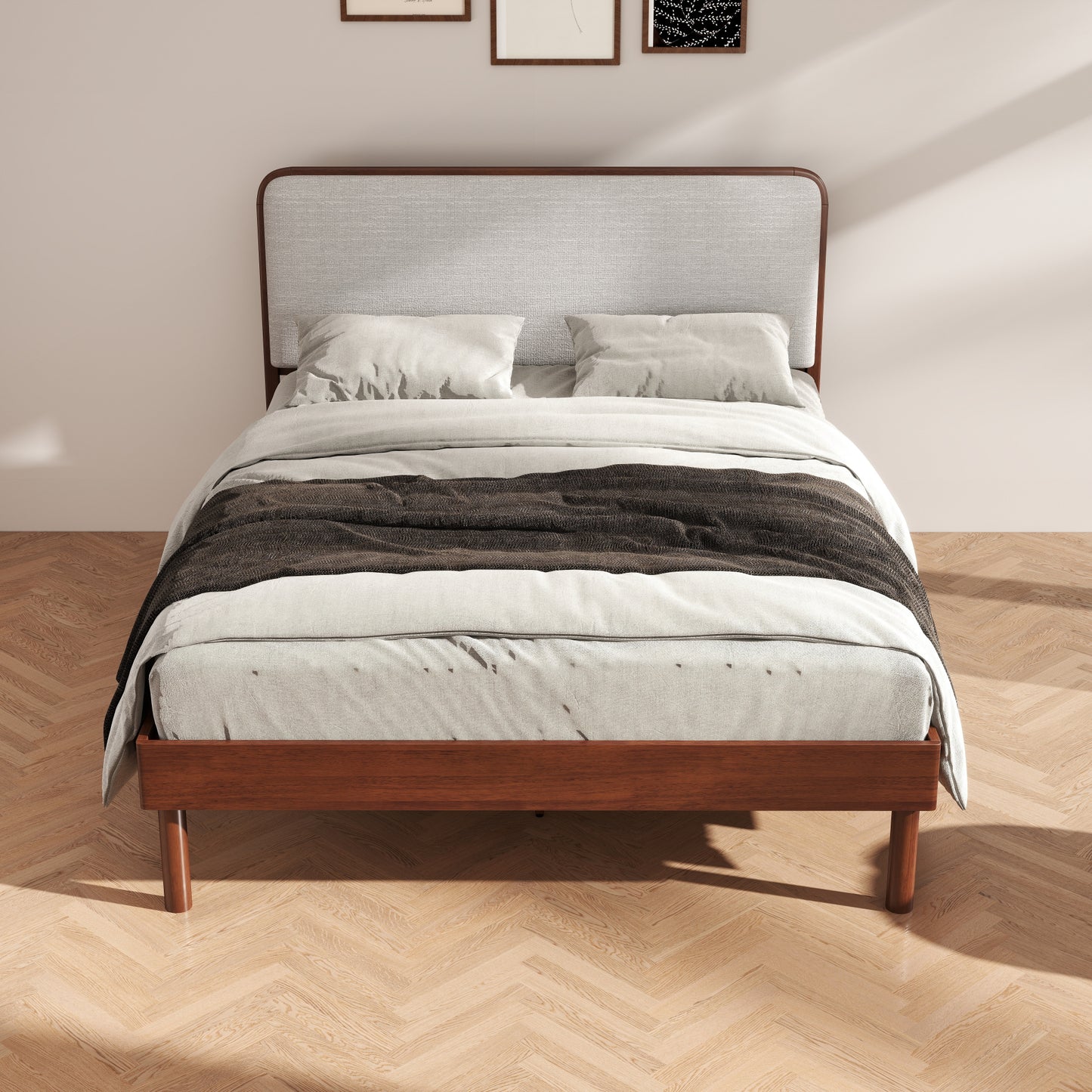 Roundhill Furniture Wyller Rubberwood Platform Bed, Natural Walnut Finish, Queen