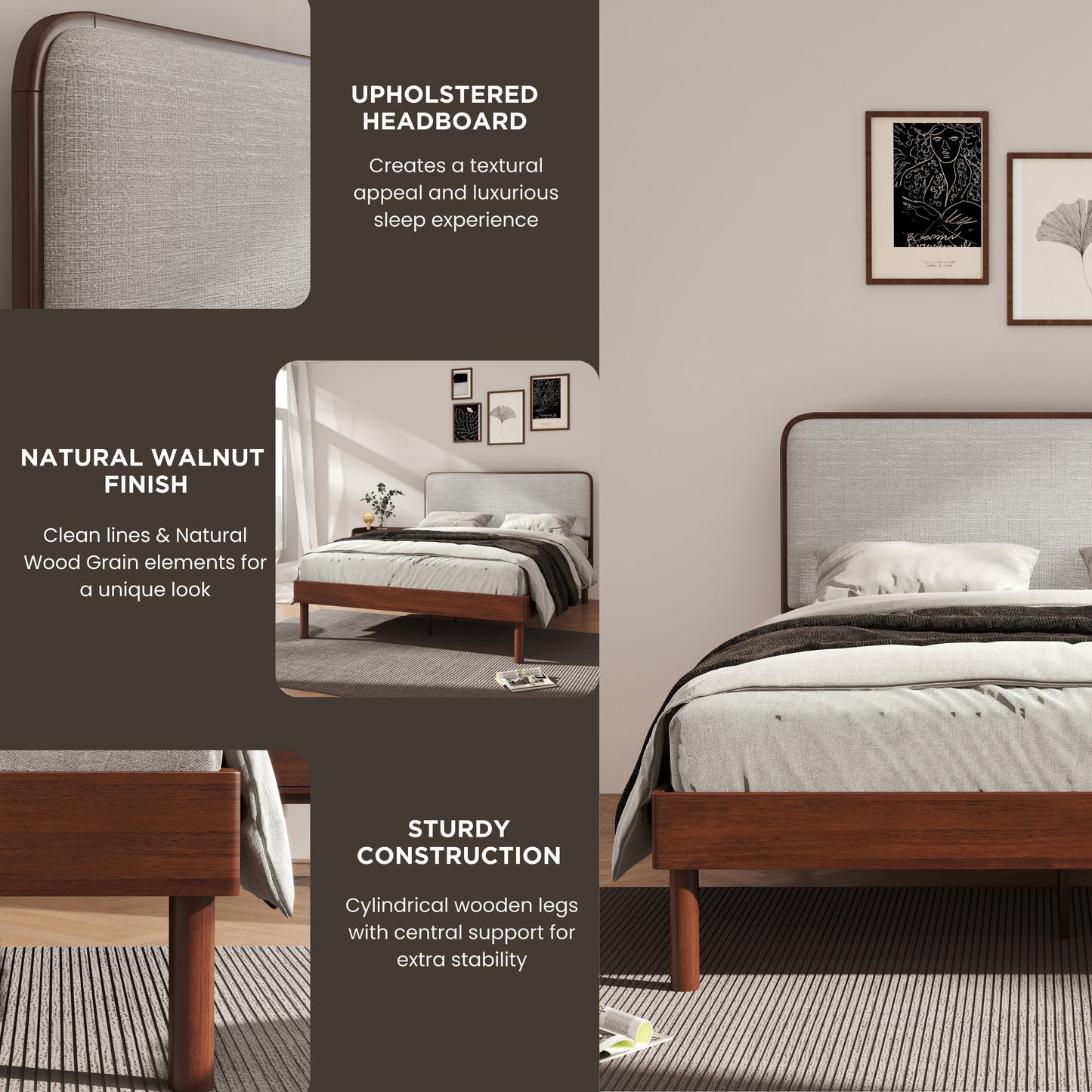 Roundhill Furniture Wyller Rubberwood Platform Bed, Natural Walnut Finish, Queen